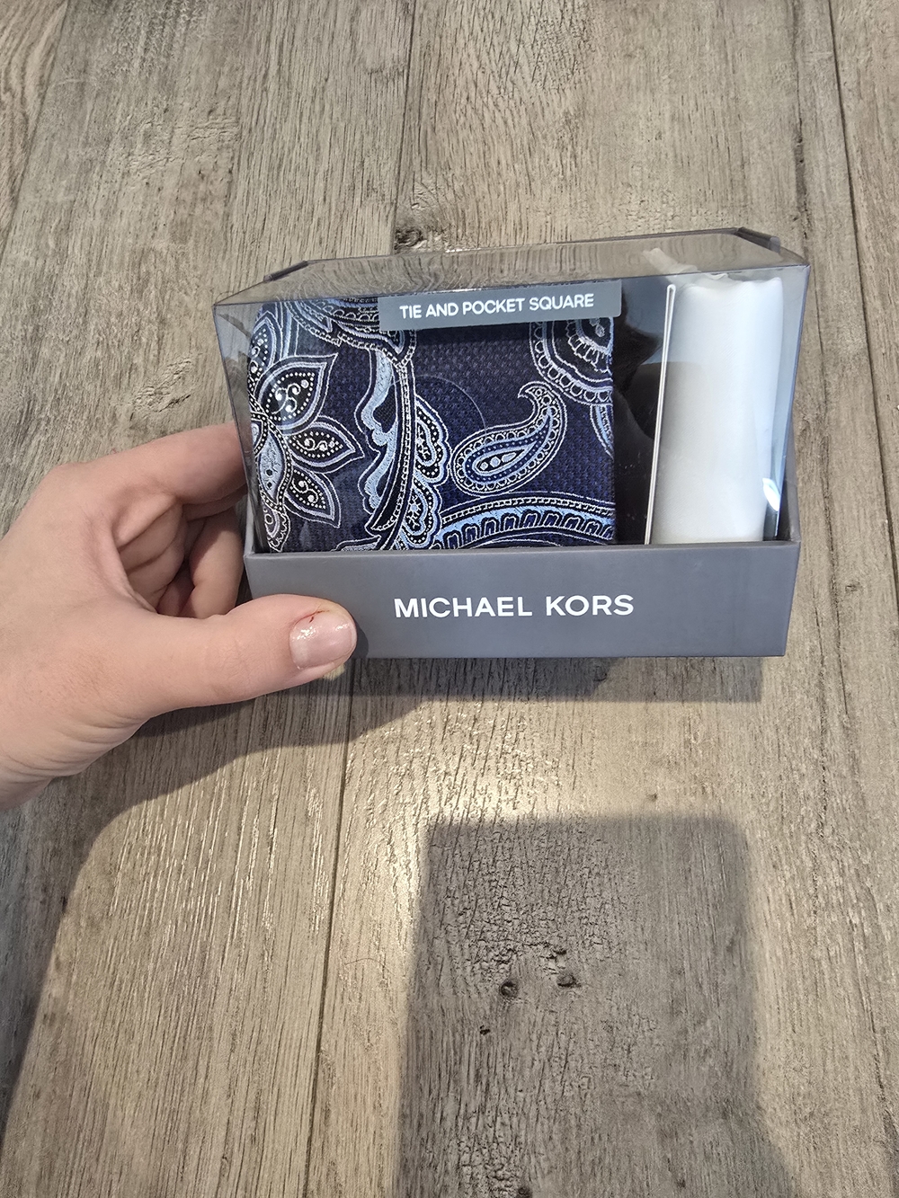 Michael Kors Navy and Light Blue Paisley Tie with Pocket Square